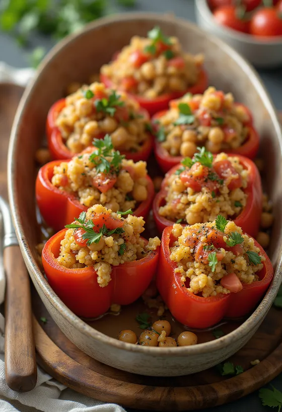 Vegan stuffed peppers with quinoa served