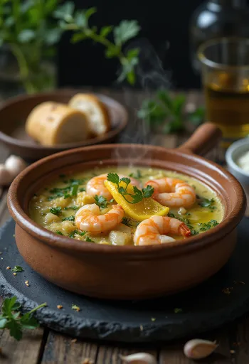 Açorda with shrimp, fresh bread pieces with shrimp, garlic and parsley