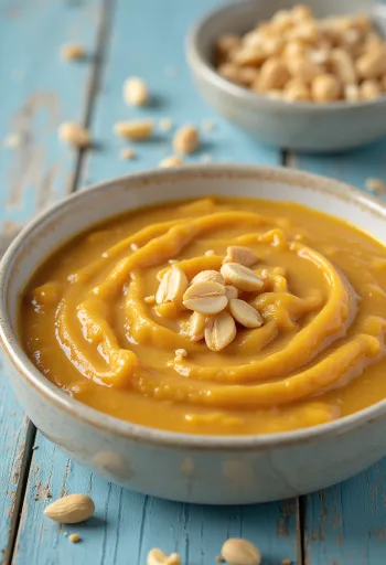 Thai peanut sauce in a dipping bowl with cilantro.