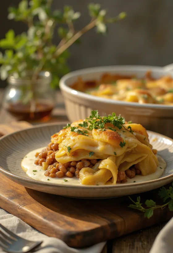 Spiced lentil cabbage casserole served