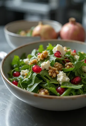 Fresh arugula salad with pomegranate seeds and feta cheese