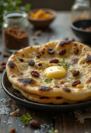 Cardamom and raisin naan bread served warm