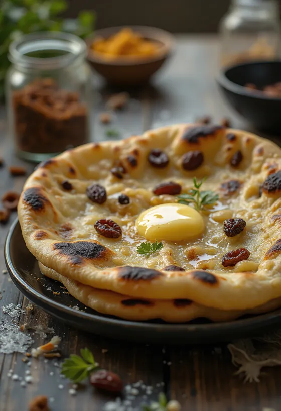 Cardamom and raisin naan bread served warm