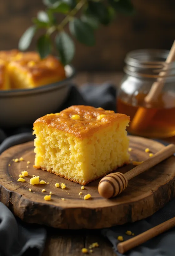 Slices of cornbread served with honey drizzle