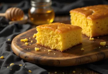 Slices of cornbread served with honey drizzle