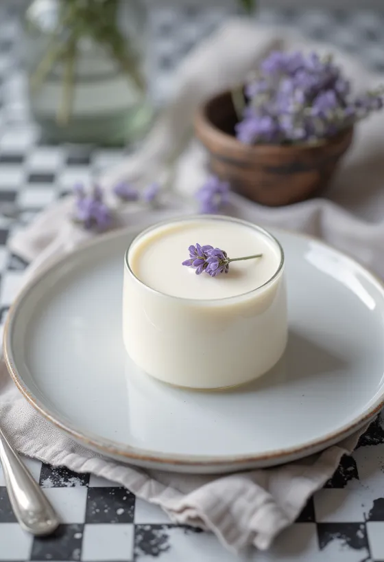 Lavender panna cotta served in a glass