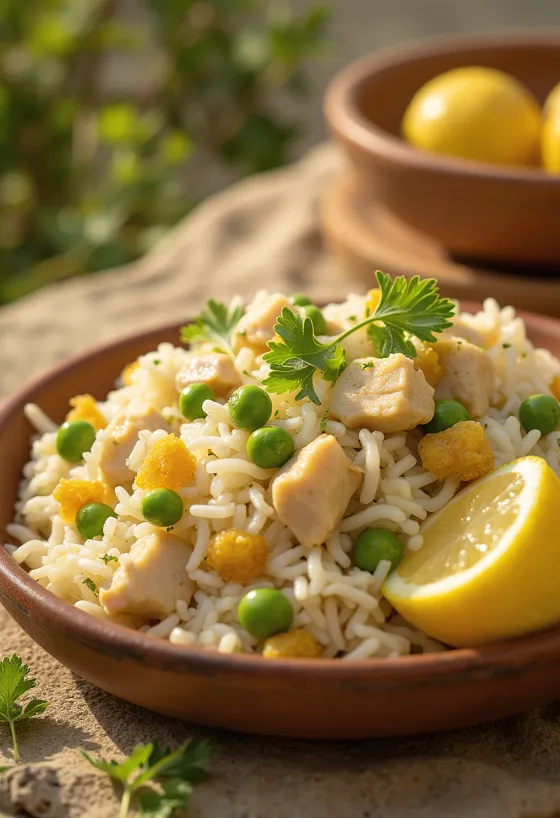 Spiced chicken fried rice with raisins and cilantro