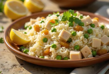 Spiced chicken fried rice with raisins and cilantro