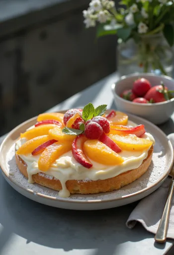 Sponge cake topped with fresh fruit and glaze