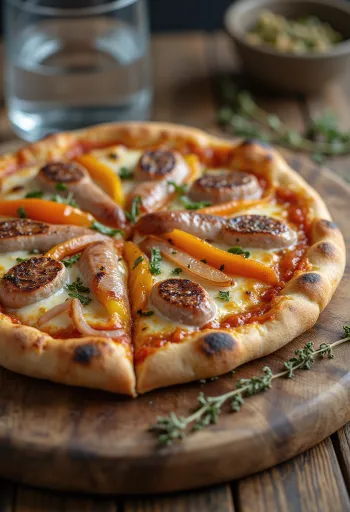 Viennese pizza with sausage rounds and peppers