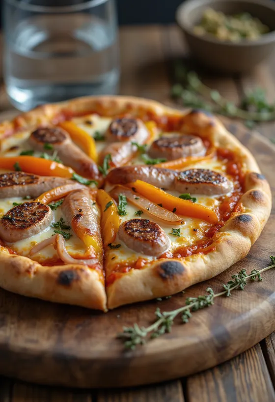 Viennese pizza with sausage rounds and peppers