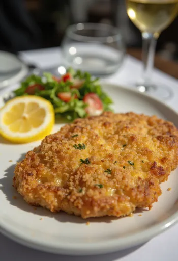 Golden brown fried pork schnitzel in crispy breading, served with fresh veggies.