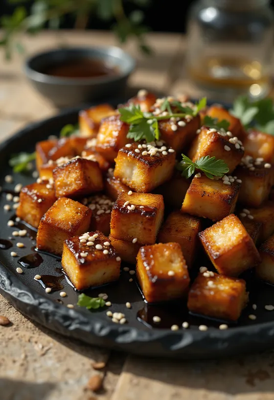 Marinated pan-fried tofu served with toasted sesame seeds.