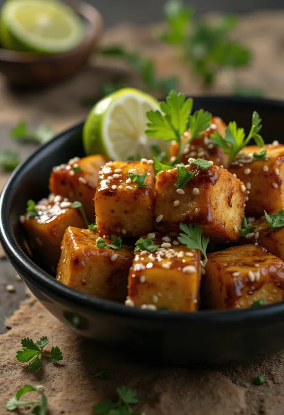 Tamari tofu, fried in soy sauce, served with fresh cilantro, lime, and rice