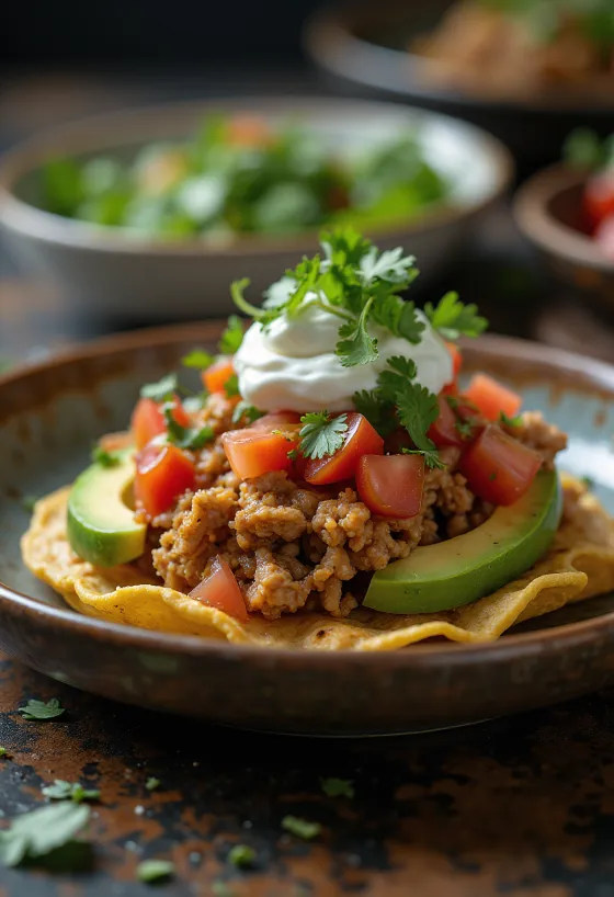 Pork tostada served with fresh avocado and yogurt