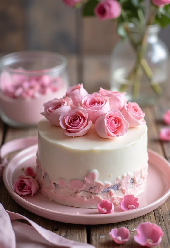 Valentine's Day rose cake with white fondant and rose petals