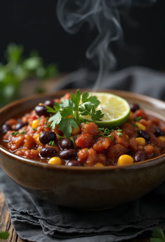Vegan chili with beans in a rich spicy sauce garnished with fresh cilantro