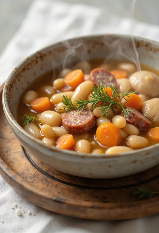Hearty bean soup with smoked meat and small pinched noodles.