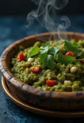 Callaloo with coconut milk, served with fresh cilantro