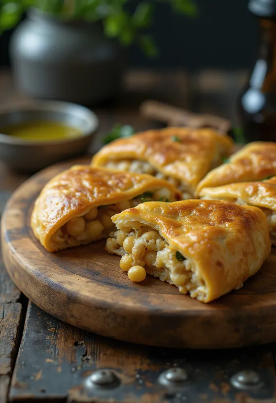 Golden brown chickpea calzone sliced open