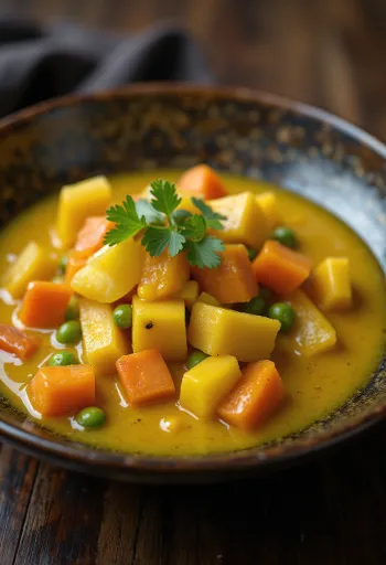Bowl of creamy vegetable curry sauce with fresh herbs.