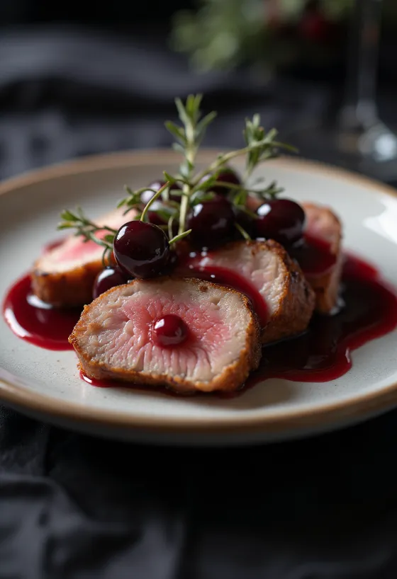 Duck breast with cherry sauce elegantly plated