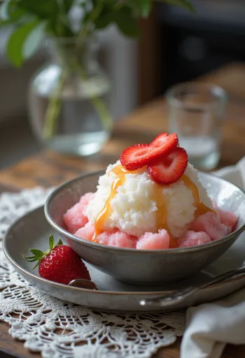 Strawberry bingsu with fresh strawberries and condensed milk