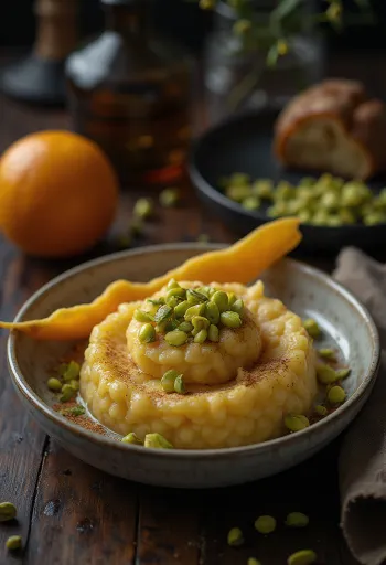 Bowl of semolina halva topped with pistachios