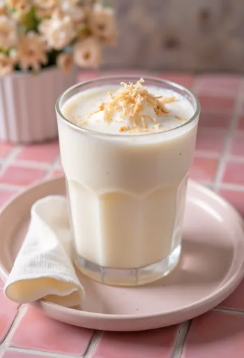 Coconut lassi in a glass with shredded coconut rim