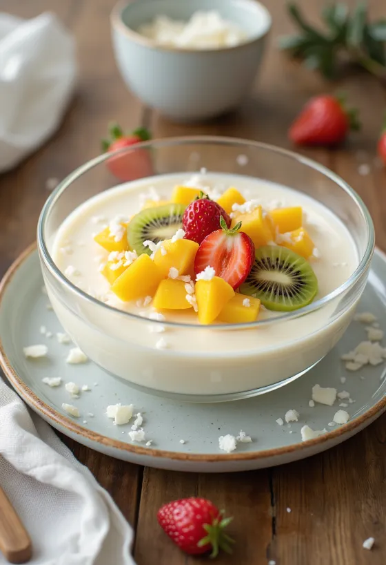 White coconut pudding (Manjar) topped with diced kiwi, mango, and berries
