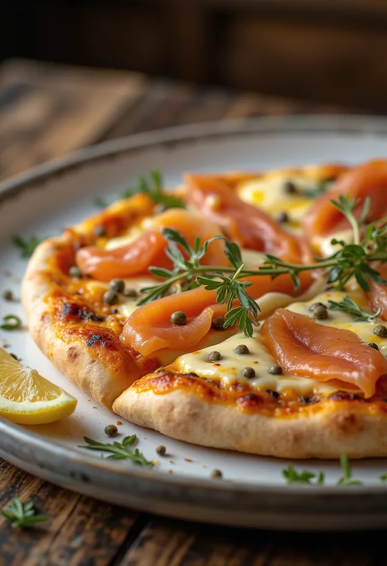 Smoked salmon pizza with creme fraiche and capers