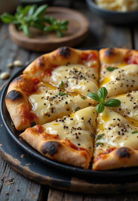 Pizza al Pepe with various cheeses and fresh peppercorns