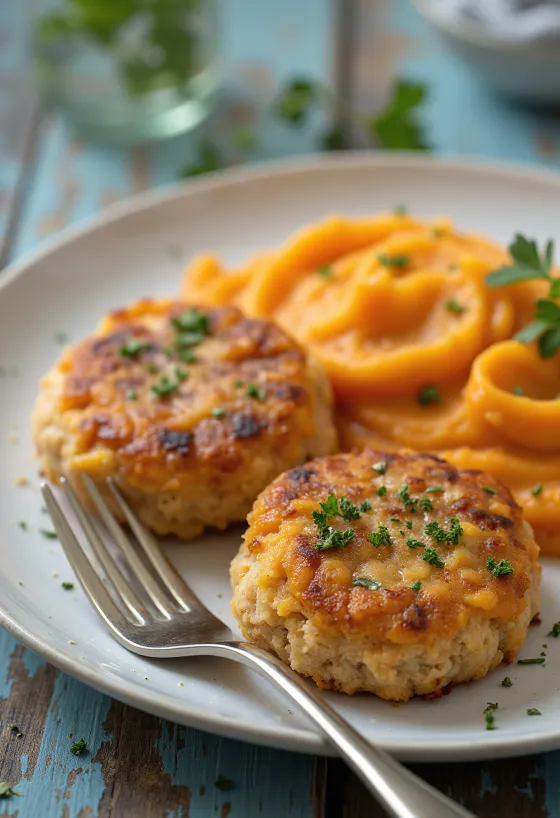 Turkey patties served with mashed sweet potatoes