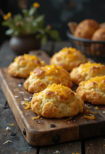 Cheese biscuits baked golden brown with crispy cheese topping