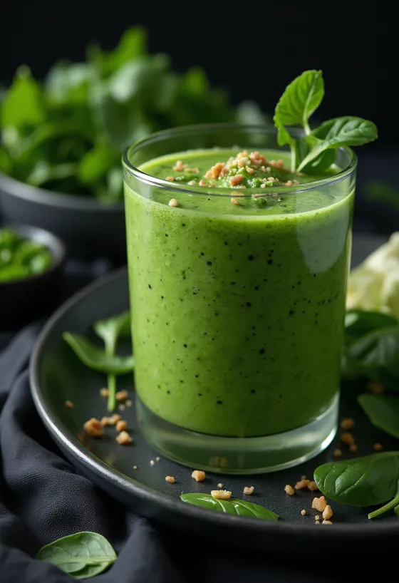 Spinach smoothie in a tall glass garnished with fresh fruit