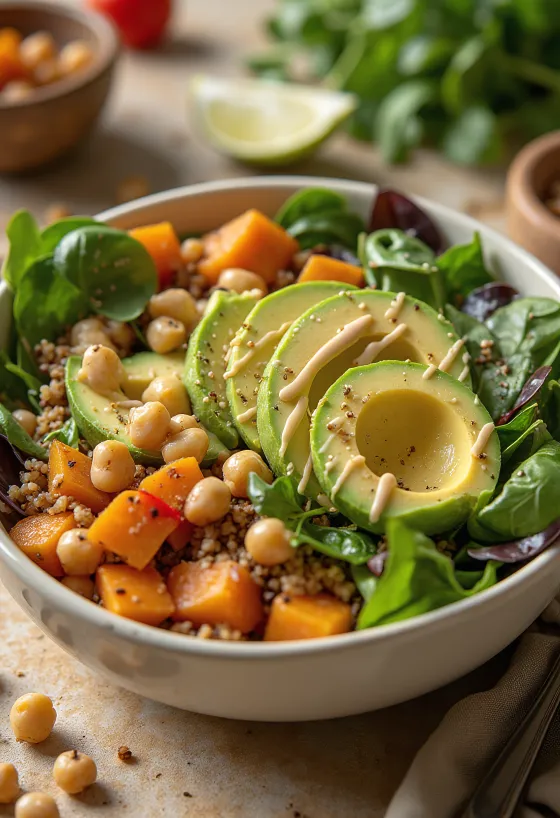 Roasted sweet potato buddha bowl with quinoa and tahini