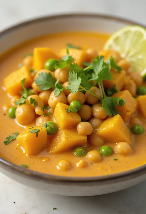 Vegan coconut curry served with sweet potatoes and green peas