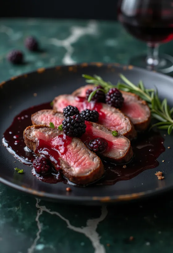 Seared elk steak with dark berry sauce.