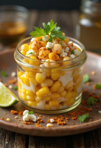 Esquites corn salad in a cup with cheese and chili
