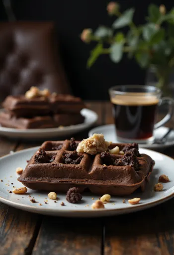 Dark chocolate waffles with melted chocolate and chocolate chips