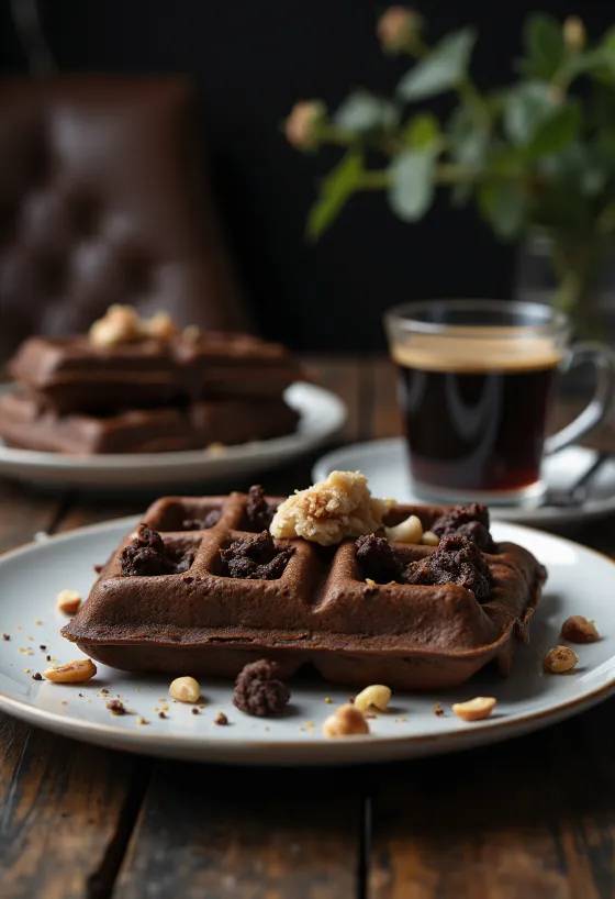 Dark chocolate waffles with melted chocolate and chocolate chips