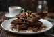 Dark chocolate waffles with melted chocolate and chocolate chips