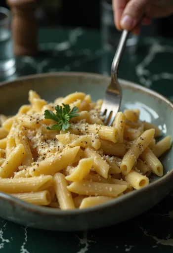 Pasta coated in a creamy smoked cheese sauce.
