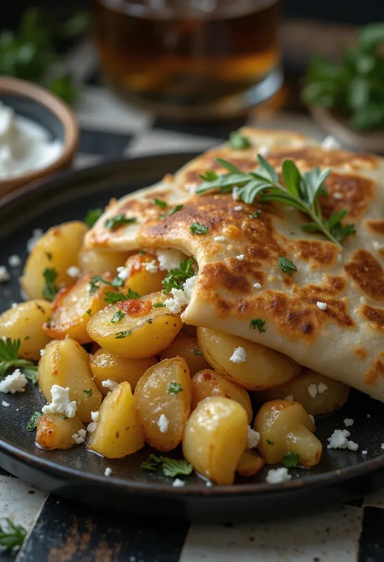 Piadina served with rosemary roasted potatoes and goat cheese