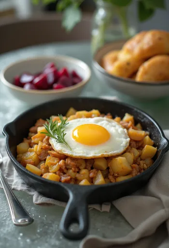 Plate of turkey potato hash topped with a fried egg