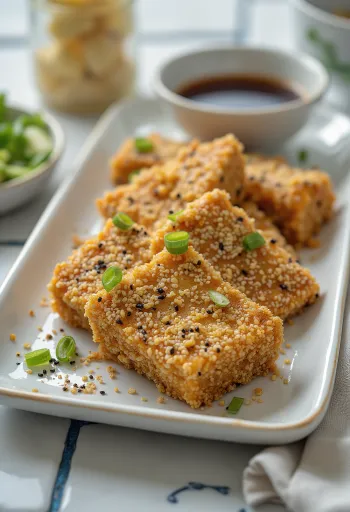 Sesame crusted tofu, fried golden brown and crispy, served with fresh vegetables.