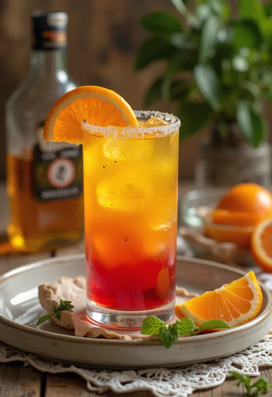 Tequila Sunrise cocktail decorated with an orange slice and cherry