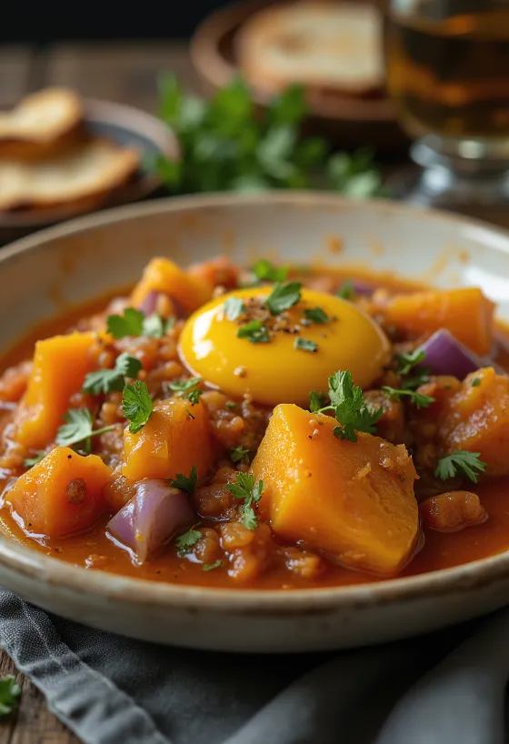 Alboronía with pumpkin, eggplant and fresh cilantro served