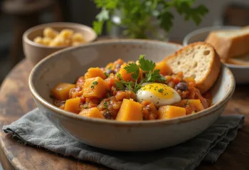 Alboronía with pumpkin, eggplant and fresh cilantro served
