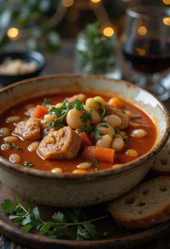 Traditional bean goulash served with rich vegetables and smoked meat.